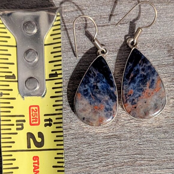 Sterling Silver 925 Dark Blue Orange Natural Sodalite Stone Earrings Fish Hook - Picture 5 of 5
